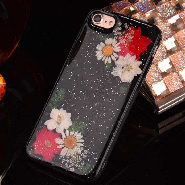 Soft TPU Black Colorful Real Flowers Specimen Cell Phone Case Back Cover for iPhone7 7 plus 6s plus