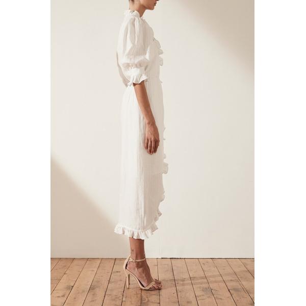 Linen Puff Sleeve Wrap Midi Elegant Dress Cotton Ladies