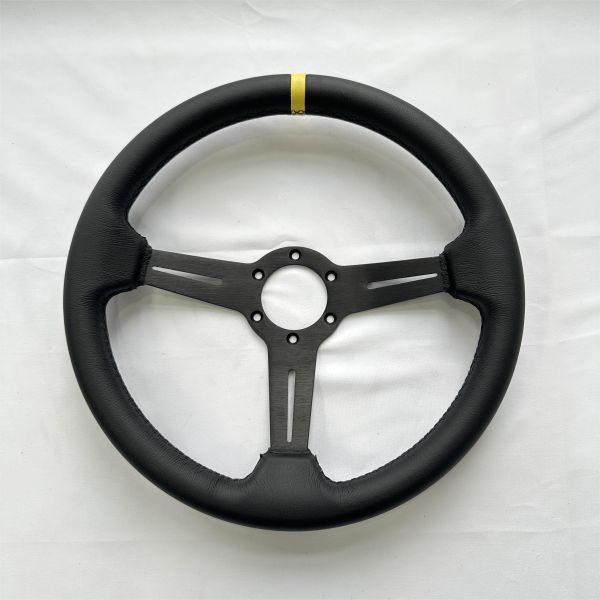 DELUXON 350mm Dia Racing Steering Wheel With 35mm Dish , Black Microfiber Leather , 5 MM 6061 Aluminum Alloy Black Spoke
