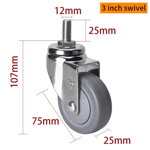 Chrome Coating Light Duty Casters 3 Inch 70kg Threaded TPE Caster