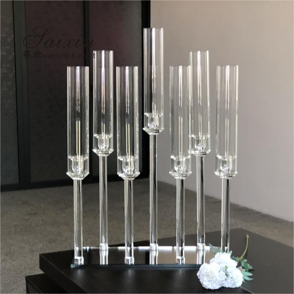 7 Arms Crystal Taper Candle Holders Event Table Decorations With Glass Tubes 50cmx70cm
