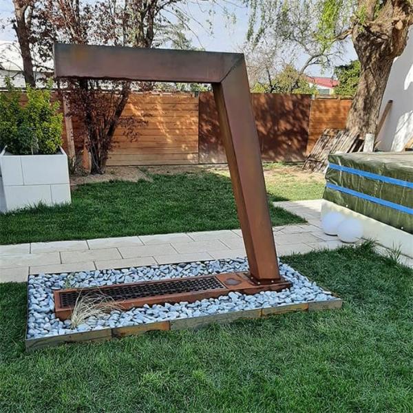 Outdoor L Shaped Corten Steel Water Feature waterfall With LED Light