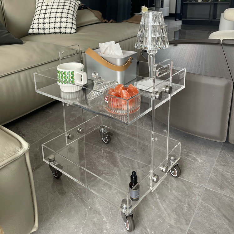 New Design Factory Customized Assembly Rolling Clear Lucite Perspex Food Trolleys Acrylic Storage Carts with Wheels