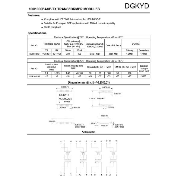 Установка трансформатора 24PIN SMD локальных сетей локальных сетей гигабита
