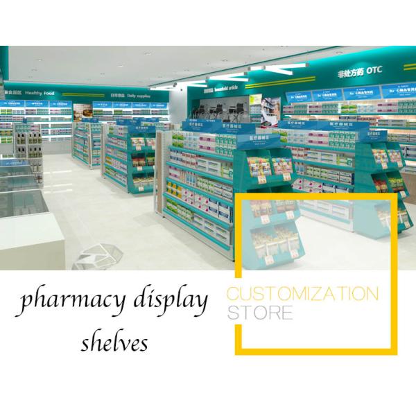 Голубое хранение фармации полок дисплея фармации кладет на полку с двойной/одиночной стороной