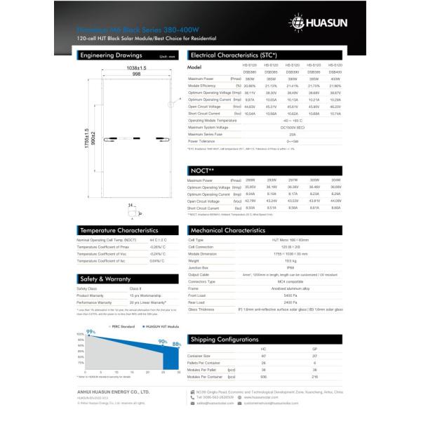 Панель солнечных батарей полностью черной панели солнечных батарей супер светлая 385w 395w Huasun Monocrystalline для дома