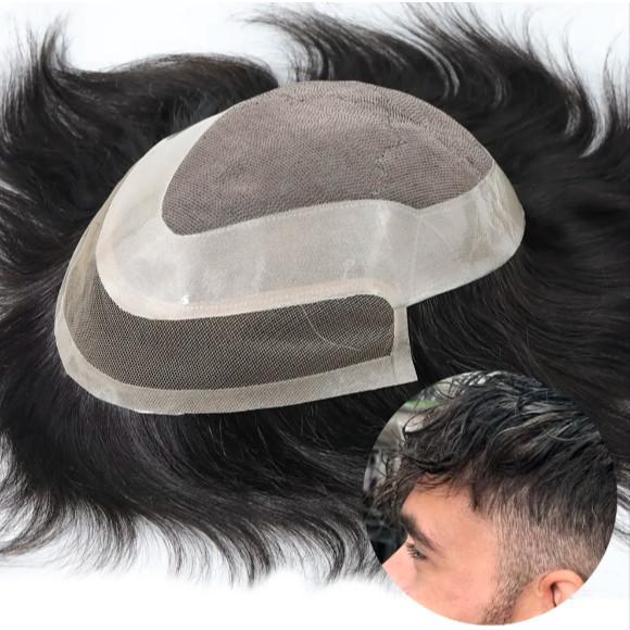 Mens Toupee Hairpiece Fine Mono Hair System Replacement Poly Skin Around with lace front Men Wig