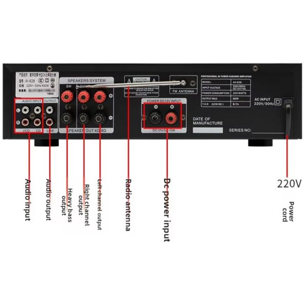 AV-628 Professional 2.1 Channel 600W Home Coaxial Subwoofer Amplifier High-Power Model BT Fiber Optic Receiver Cross-Border