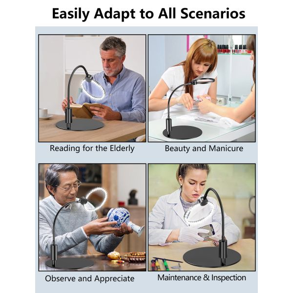 Desktop Round Magnifier With Infinity Dimming LED Lights and HD PMMA Lens Low Vision Reading and Inspection