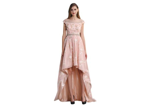 High Low Pink Color Cap Sleeve Long Evening Gowns With Shiny Details