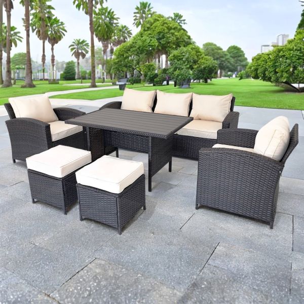 Modern Outdoor Rattan Dining Table and Chair Set Woven Wicker Patio Furniture with Removable Cushions for Garden Terrace