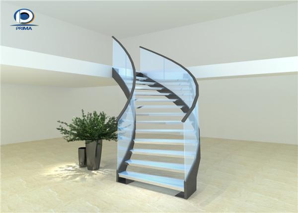 Building Interior Curved Stairs Double U Channel Stringer With Tempered Glass Railing