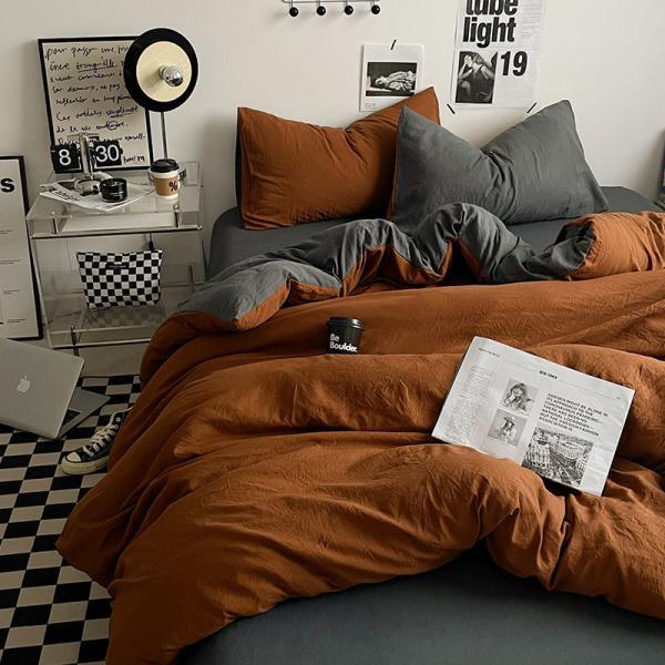 4-piece Duvet Cover Set Solid Color Washed Cotton Bedding Set for Adult and Child