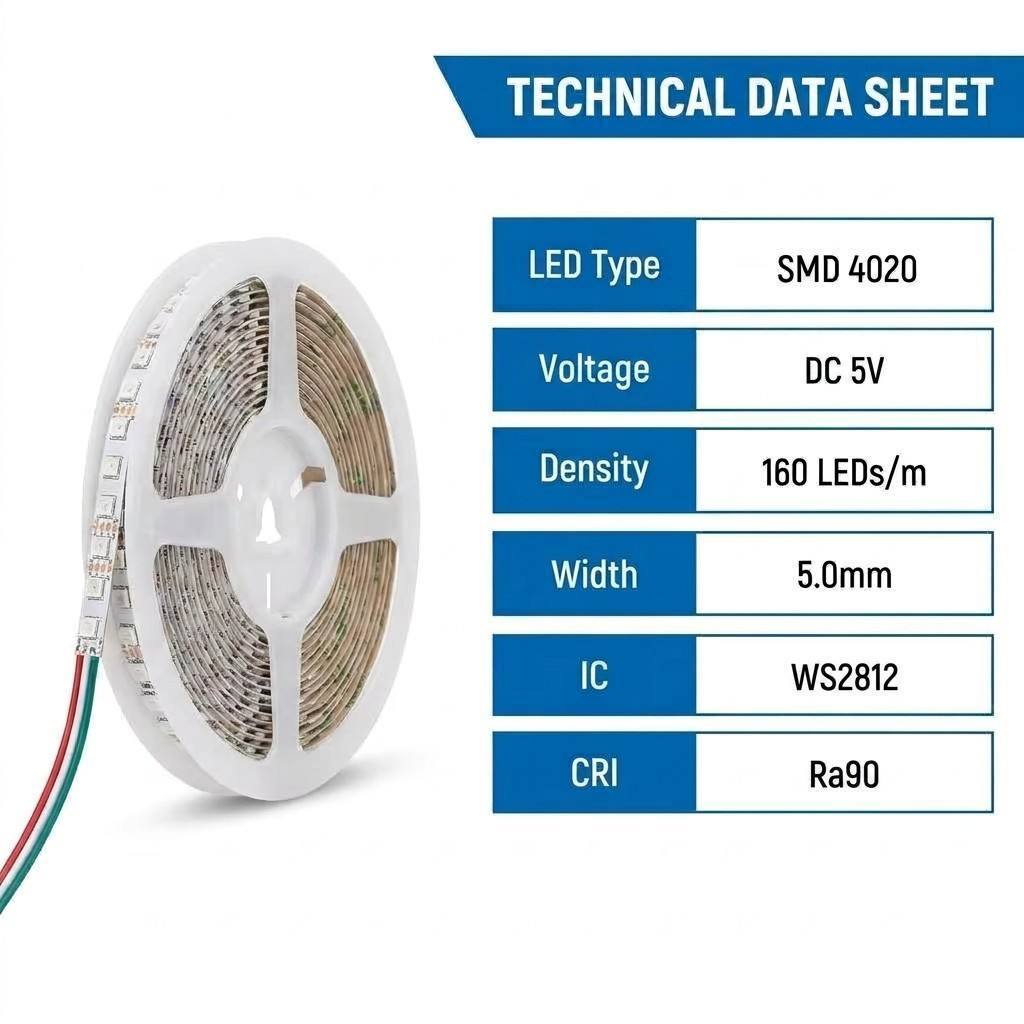 SMD 4020 RGB Addressable LED Strip 160LEDs/m DC5V WS2812 5mm Slim Ra90 High CRI Flexible Tape Light