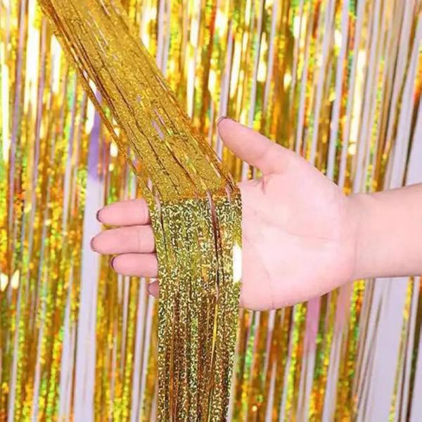 Праздничный лазер Золотая металлическая фольга Фриндж занавес дождь Фон блестящий фольга занавес