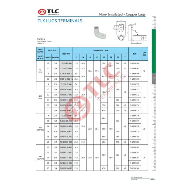 High Current Rating Copper Crimped Mechanical Cable Lugs 50-185mm2 Tube Lug