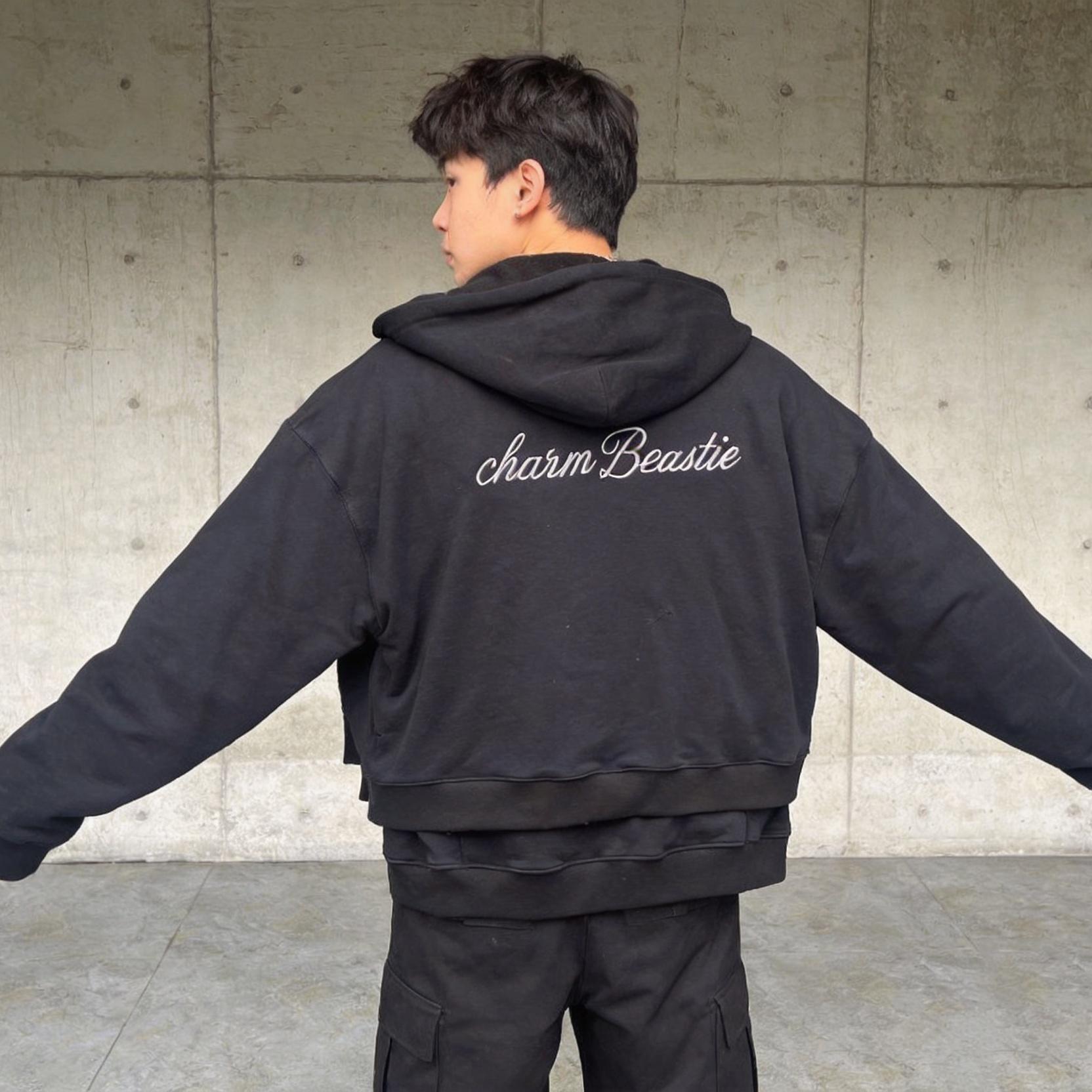 Split Hem Men's Heavyweight Hoodie Back Embroidery Zip Up Hoodie Coat Oversized