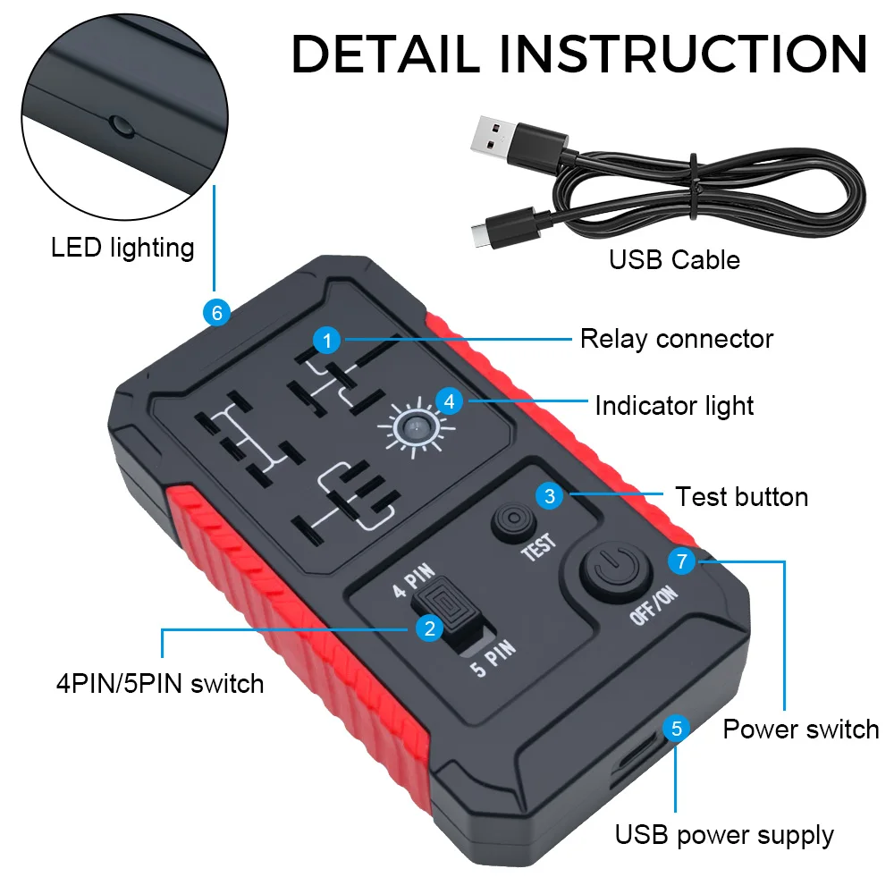 12V Automotive Relay Tester with USB Power Supply and LED Indicator - Portable Car Relay Checker for 12V Systems
