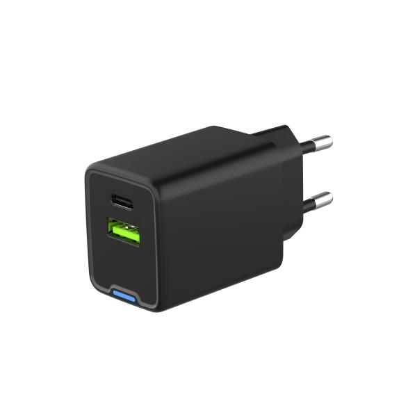 Dual puerto USB A con tipo C Negro GaN Cargador USB 45W USB A con luz Cargador de pared Tipo C rápido Bloque de carga EU Plug
