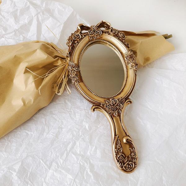 Functional Wood Glass Vintage Handheld Makeup Mirrors Portable Retro Mirror for Girls