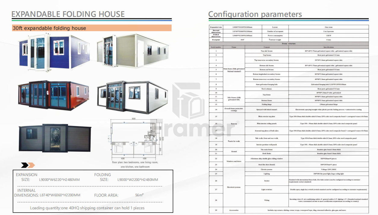 30ft Sloping Roof Expandable Folding House with 56m² Building Area, Fully Galvanized Steel Structure, and Customizable 3 Bedroom Layout