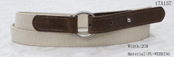 2cm Width Beige Polyester Webbing Belt With Silver Round Ring / Folded PU Tip