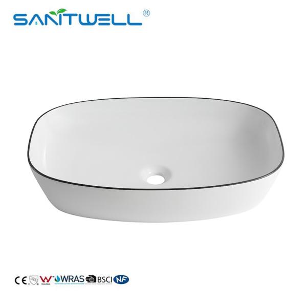 Sanitwell modern design porcelain white counter top ceramic bathroom art basin face hand wash basin sink with gold line