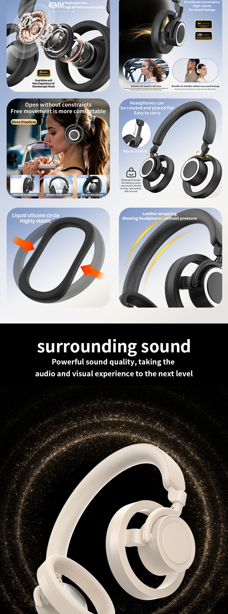 GR800 Open‑Top Open Ear Headphones, Directed Music Transmission Wireless Bluetooth Headset, 360° Surround Sound, Long Battery Life Over‑Ear Open Ear Stereo Headphones for Sports & Daily Use