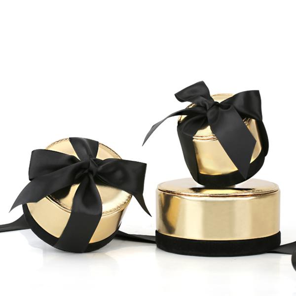 Round Champagne Gold Fancy Jewelry Box With Ribbon PU Leather Chipboard