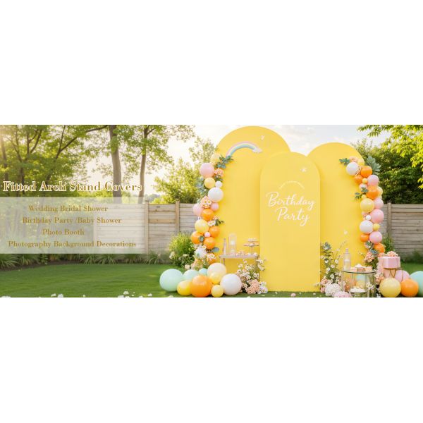 Yellow Wedding Arch Backdrop Covers 3 Piece, Round Top Cover For Birthday Party Ceremony