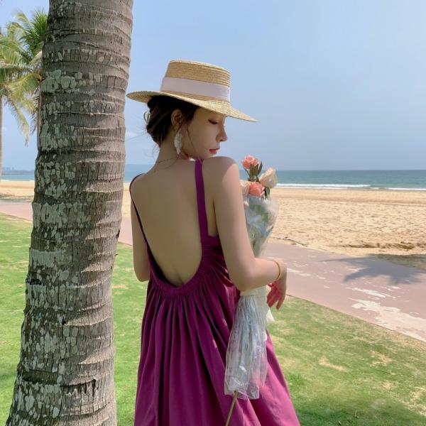 Sexy Solid Color Backless Summer Beach Vacation Dresses