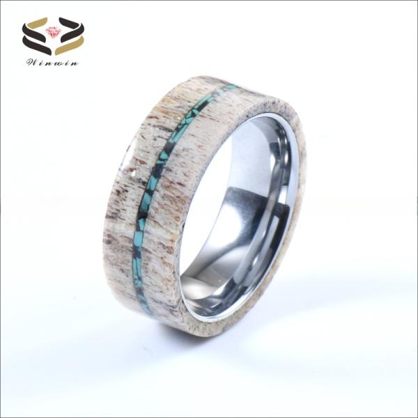 Men'S Wedding Tungsten Antler Ring 8mm With Turquoise Inlay Geometric Pattern