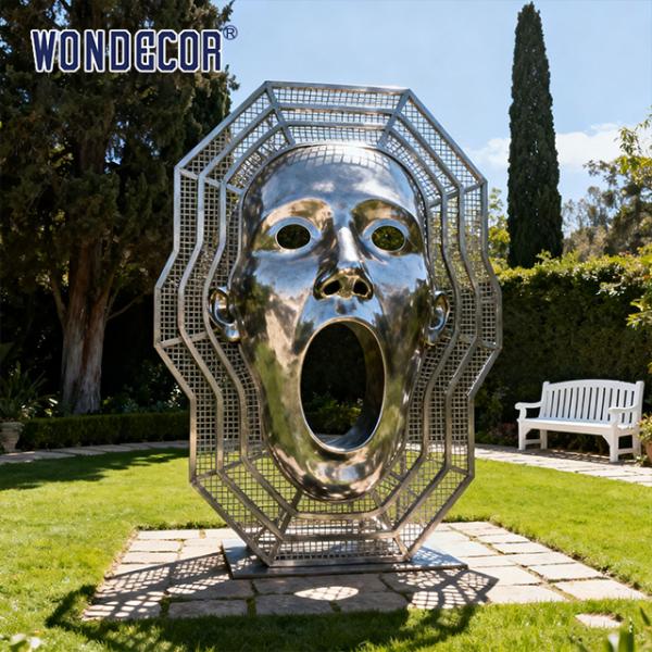 Customized modern 3D abstract screaming large stainless steel outdoor garden decoration facial sculpture