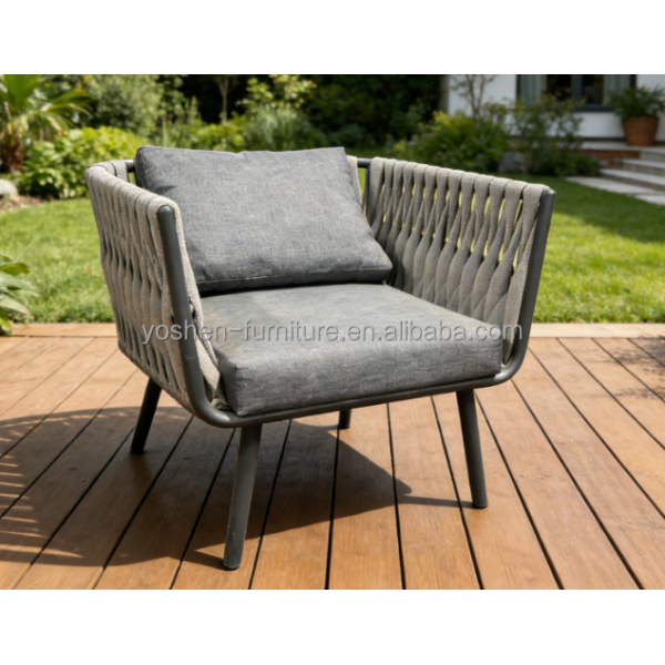 Outdoor Rope Woven Armchair with Cushion for Patio Garden Balcony