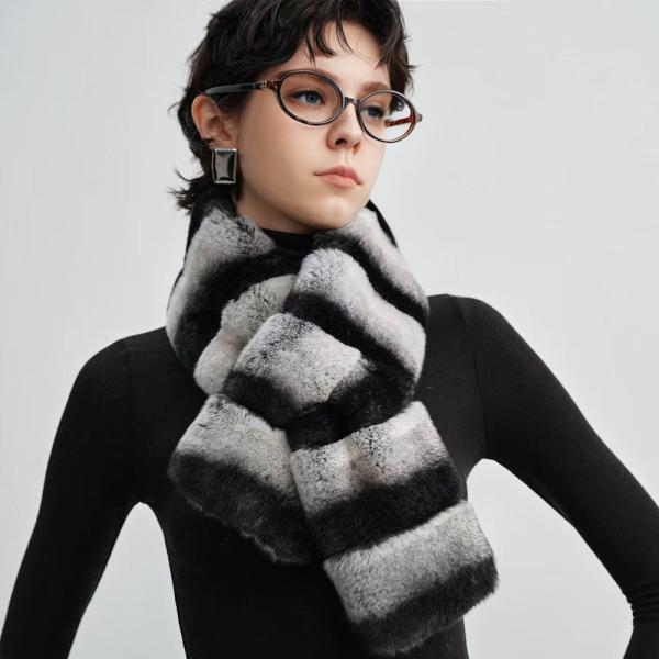Faux Rex Rabbit Fur Striped Scarf