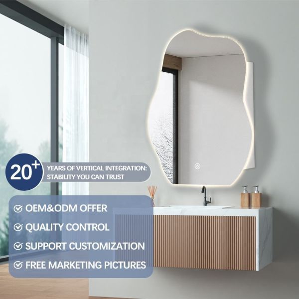 Irregular LED Light Mirror Cabinet Wall Mounted Side Lighted with Storage Compartment White Cabinet 4mm Silver Mirror