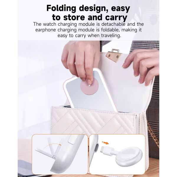 Qi2 Phone Watch Earbud Charger LED Light Lamp Station 3 In 1 Magnetic Wireless Lighted Makeup Mirror