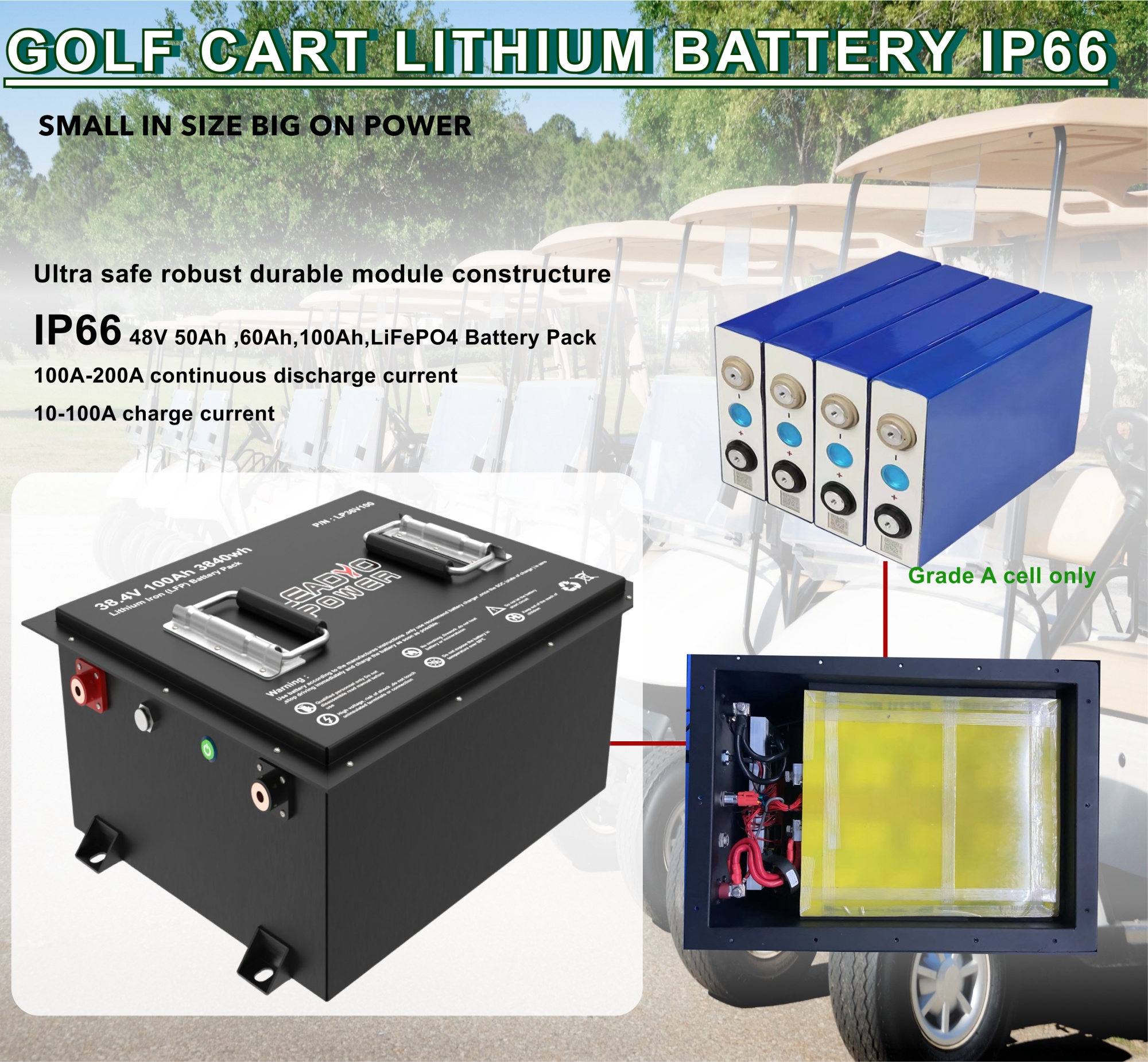 Батарея Lithium Golf Cart 36V 38.4V 100Ah LiFePO4 LFP с зарядным устройством LCD LED