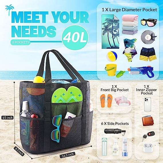 Mesh Beach Bag, Extra Large Beach Bags with 9 Pockets & Zipper Waterproof Lightweight Beach Tote for Beach/Pool Trip