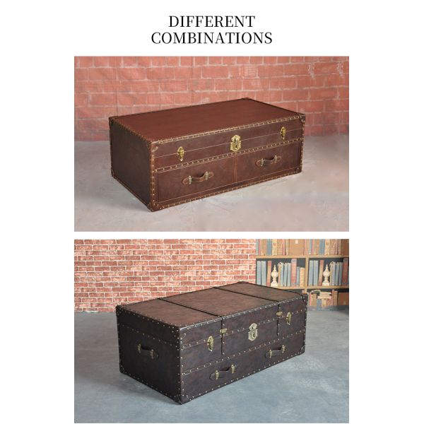 Nidea #8623 American-Style Retro Box-Shaped Handmade Leather Trunk Table for Living Room Home Bars Hotels  Lounges