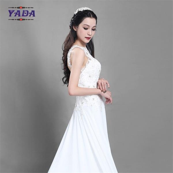 Novos bordados de pérolas de moda princesa de renda sem mangas uma linha sexy vestido de noiva com longo comboio