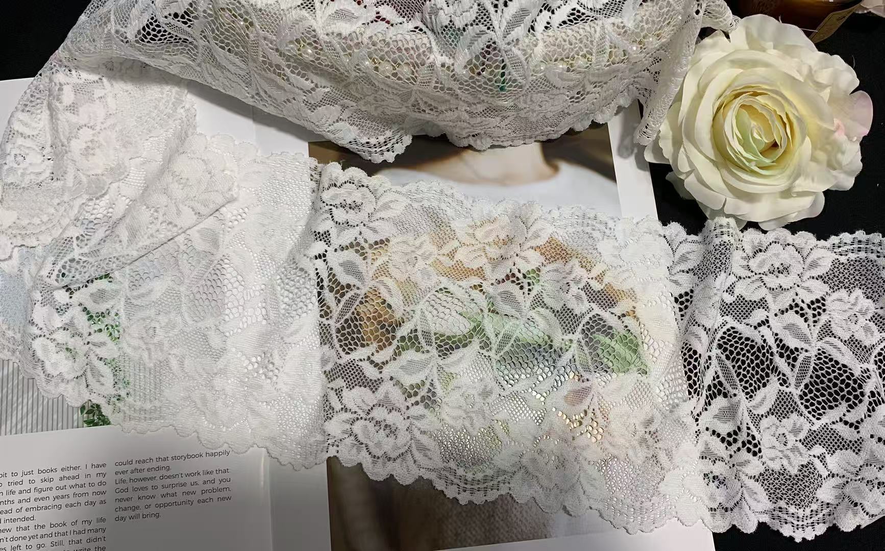 A1Z015# White Floral Leaf Stretch Lace Edging, Wide Elastic Lace Trim for Underwear & Garment Decoration