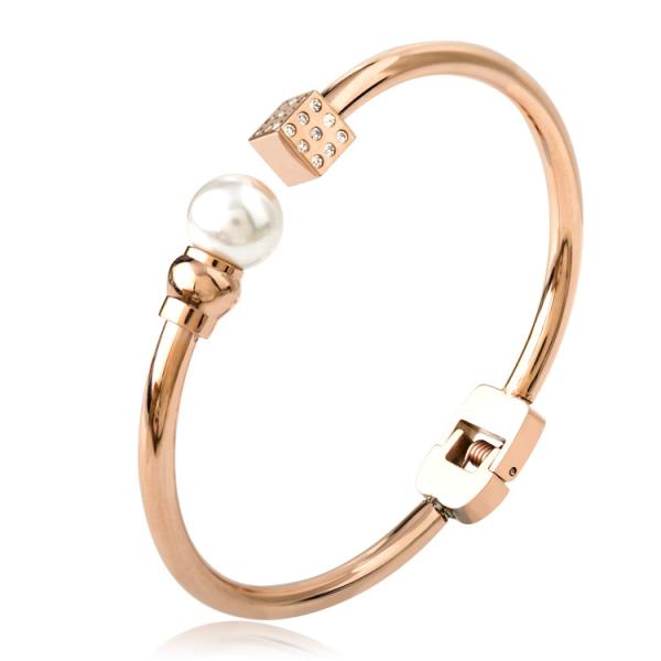 Stainless Steel Open bracelet，Pearl Cuff Bangle, Square Diamond girls jewelry, Rose Plated Bracelet