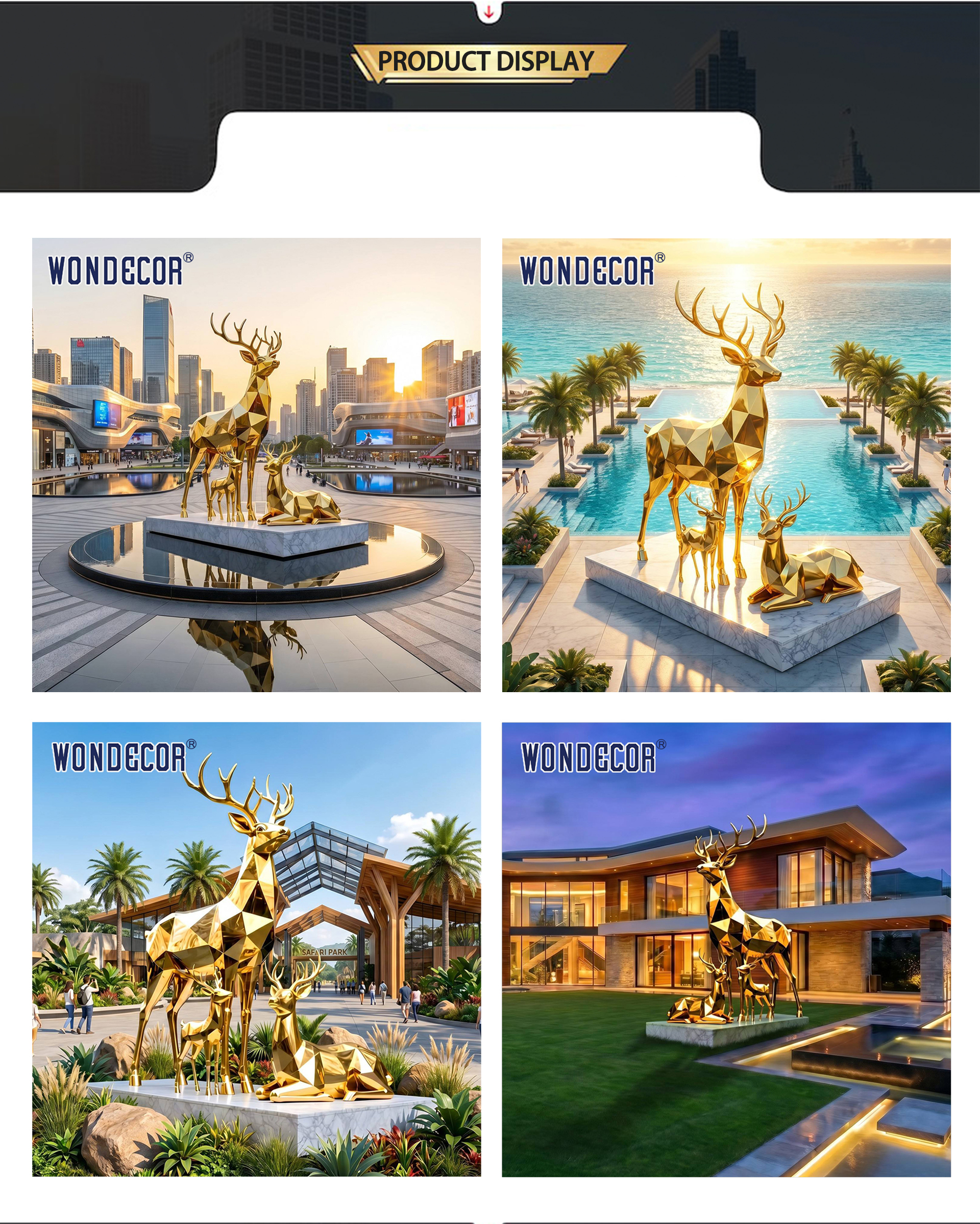 Large Gold‑Plated Stainless Steel Geometric Faceted Deer Family Sculpture for Shopping Mall Festival Outdoor Landscape