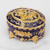 Caja organizadora de almacenamiento de joyas ovalada de metal esmaltado con rosa azul y dorado, tamaño compacto 8.9x5.9cm, para bodas y aniversarios