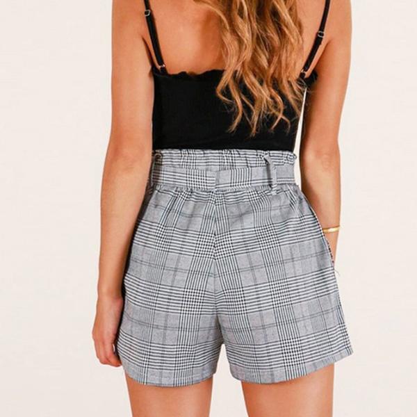 Leg Straight Ladies Plaid Elastic Waistband With Pocket Cotton Linen Shorts