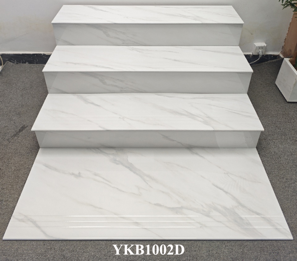 Wear-resistant Gray Beige Carrara 470x1200mm Super White Body Polished Glazed Ceramic Staircases Step and Riser For Renovation