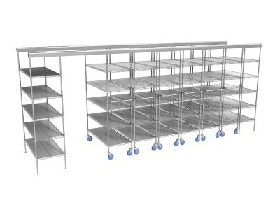 Space Saving Top Track Mobile Wire Shelving With Plastic Storage Containers 86 High For Small Parts