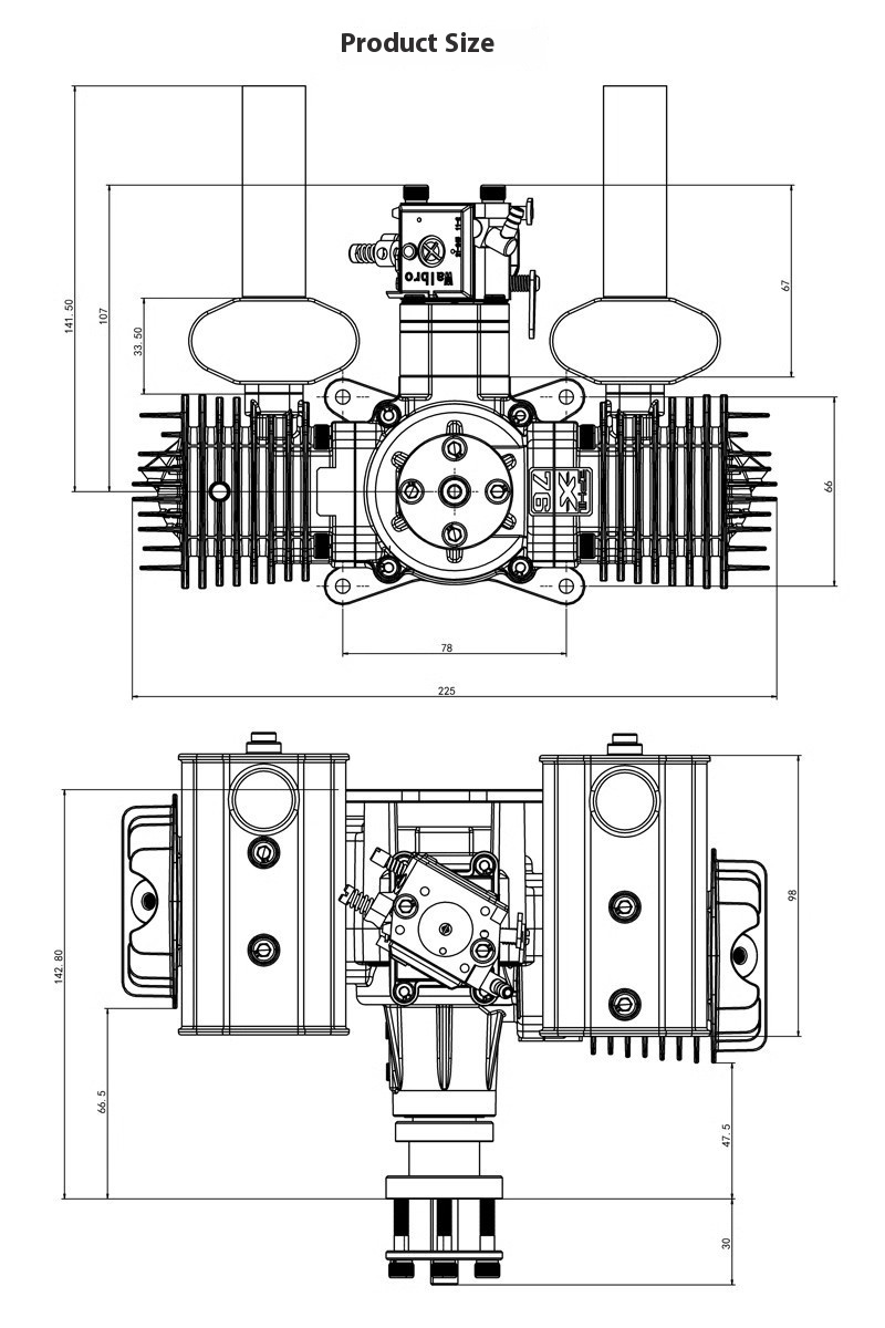 X-76cc-T Model Metal Airplane Gasoline Opposed Twin-Cylinder Two-Stroke Fixed-Wing Engine