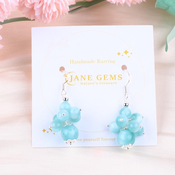 Handmade Light Lake Blue Jade Healing Spiritual Round Bead Flower Dangle Earring For Jewelry Gift